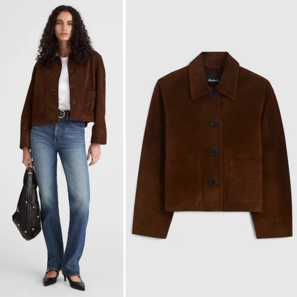 New! Madewell Boxy Crop Jacket in Suede Dark Roast Suede - Picture 2 of 16